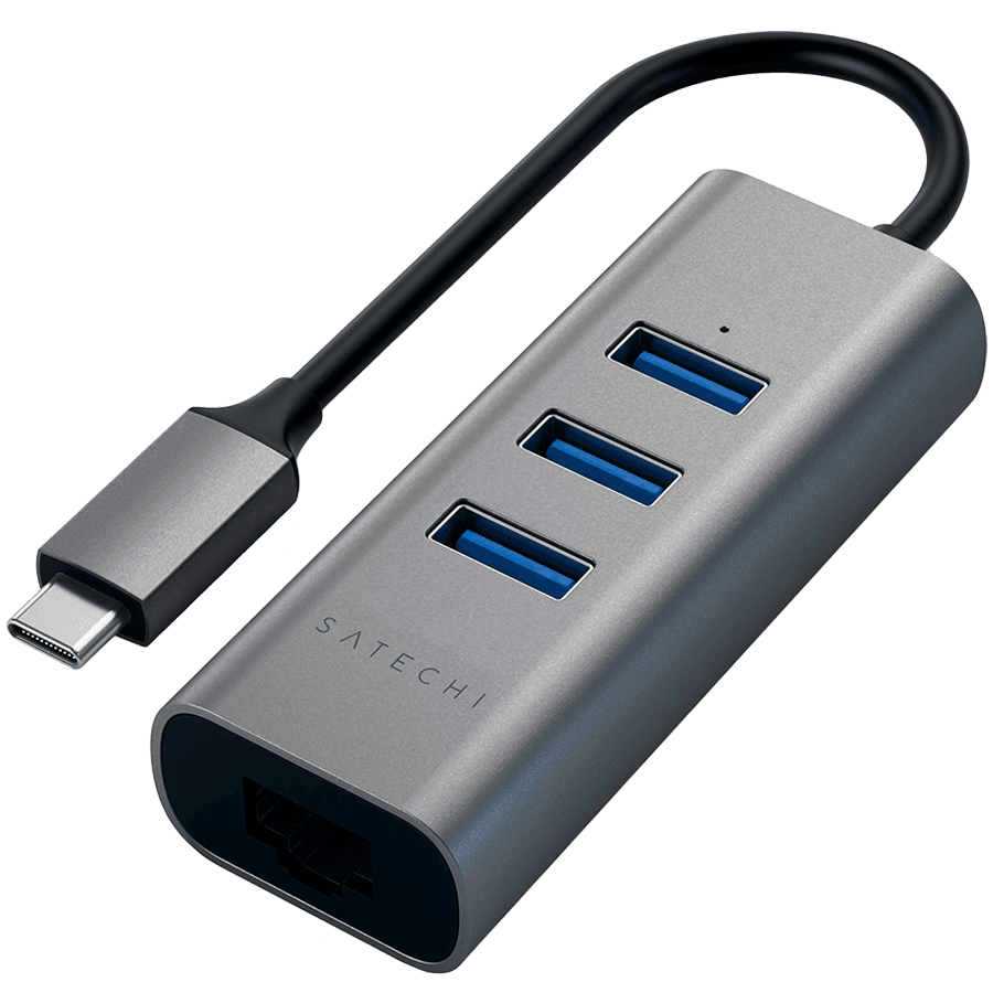 SATECHI Type-C 2-in-1 USB 3.0 Aluminum 3 Port Hub and Ethernet Port Space Gray