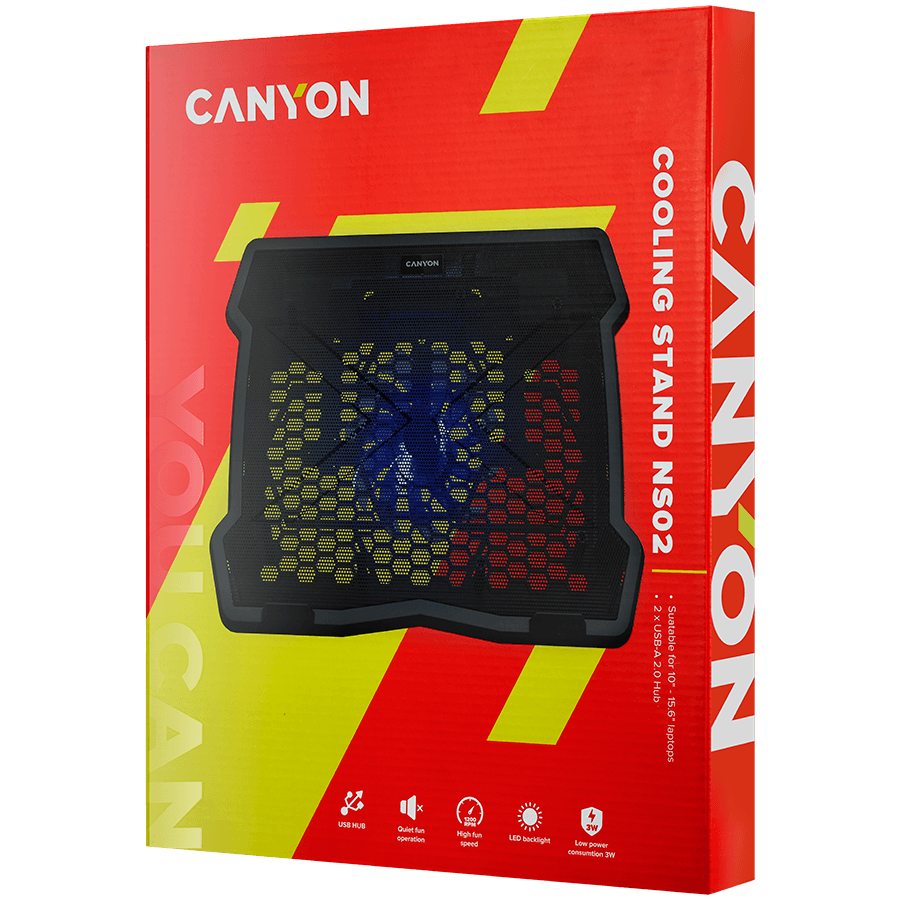 CANYON NS02, Cooling stand single fan with 2x2.0 USB hub, support up to 10”-15.6” laptop, ABS plastic and iron, Fans dimension:125*125*15mm(1pc), DC 5V, fan speed: 800-1000RPM, size:340*265*30mm, 406g 4