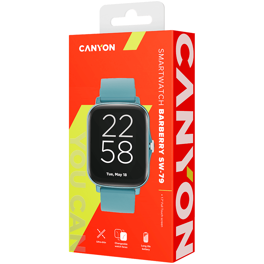 CANYON Wildberry SW-79, Smart watch, 1.69inches TFT full touch screen, Zinic+plastic body, IP67 waterproof, multi-sport mode, compatibility with iOS and android, blue body with blue silicon belt, Host: 44.4*36*9.2mm, Strap: 230x20mm, 47g 6