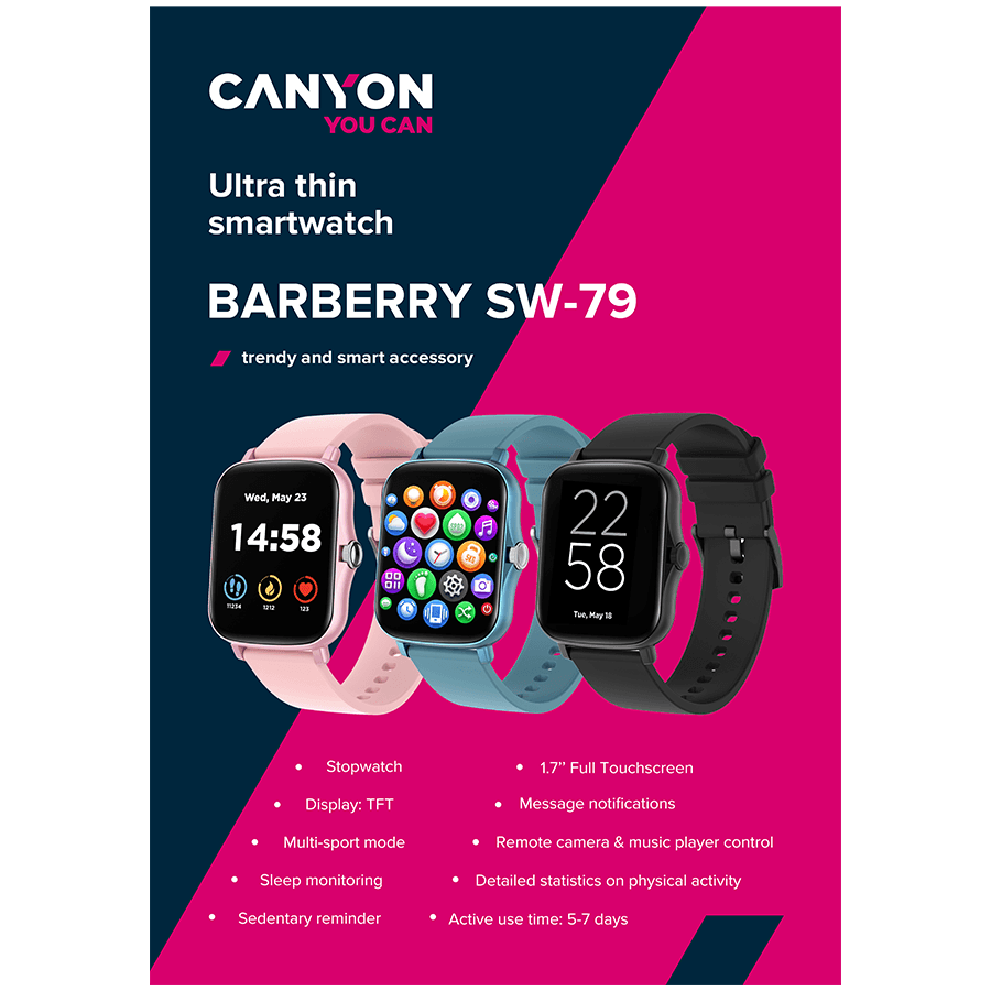 CANYON Wildberry SW-79, Smart watch, 1.69inches TFT full touch screen, Zinic+plastic body, IP67 waterproof, multi-sport mode, compatibility with iOS and android, blue body with blue silicon belt, Host: 44.4*36*9.2mm, Strap: 230x20mm, 47g 7