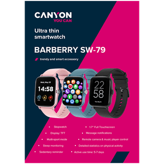 CANYON Wildberry SW-79, Smart watch, 1.69inches TFT full touch screen, Zinic+plastic body, IP67 waterproof, multi-sport mode, compatibility with iOS and android, blue body with blue silicon belt, Host: 44.4*36*9.2mm, Strap: 230x20mm, 47g