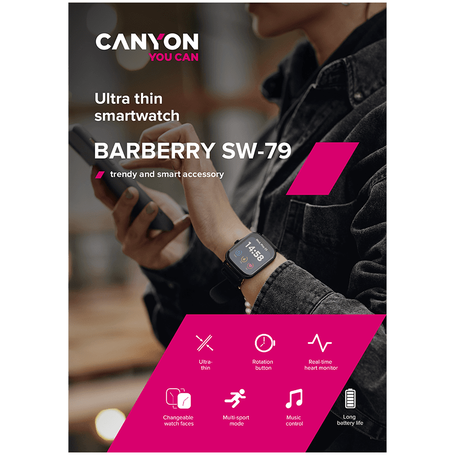 CANYON Wildberry SW-79, Smart watch, 1.69inches TFT full touch screen, Zinic+plastic body, IP67 waterproof, multi-sport mode, compatibility with iOS and android, blue body with blue silicon belt, Host: 44.4*36*9.2mm, Strap: 230x20mm, 47g 8