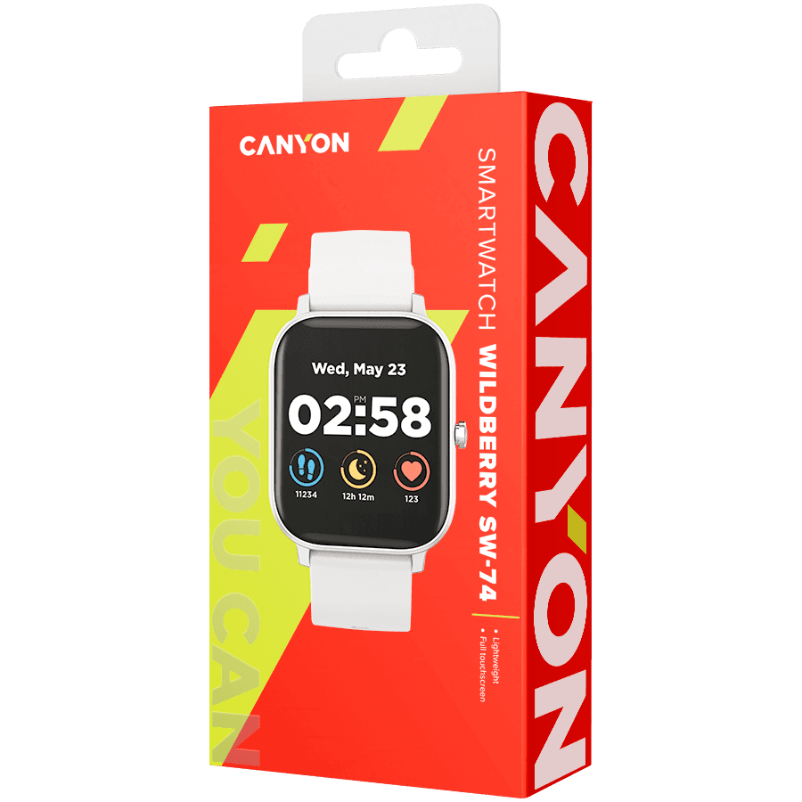 CANYON Wildberry SW-74, Smart watch, 1.3inches TFT full touch screen, Zinic+plastic body, IP67 waterproof, multi-sport mode, compatibility with iOS and android, Silver body with white silicon belt, Host: 43*37*9mm, Strap: 230x20mm, 45g 6