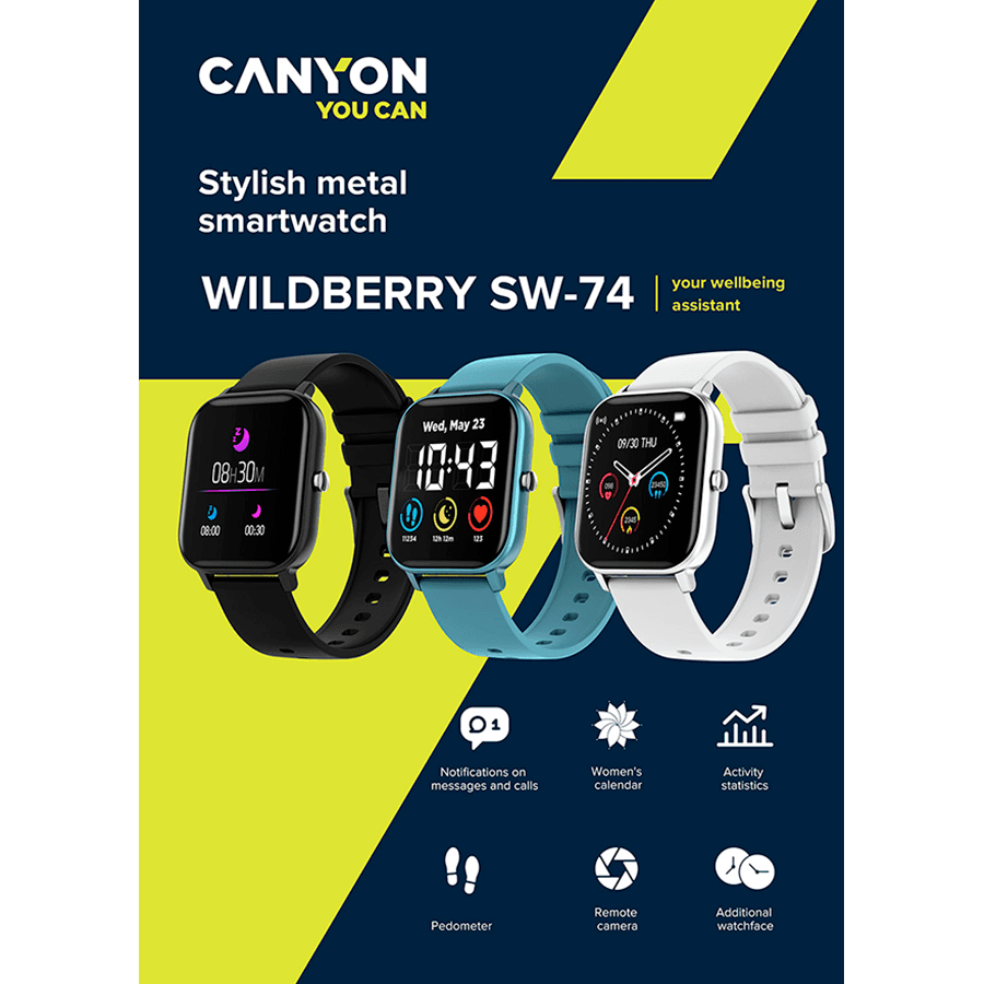 CANYON Wildberry SW-74, Smart watch, 1.3inches TFT full touch screen, Zinic+plastic body, IP67 waterproof, multi-sport mode, compatibility with iOS and android, Silver body with white silicon belt, Host: 43*37*9mm, Strap: 230x20mm, 45g 7