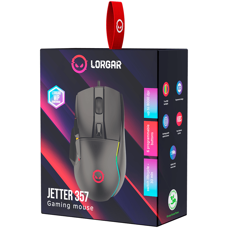 LORGAR Jetter 357, gaming mouse, Optical Gaming Mouse with 6 programmable buttons, Pixart ATG4090 sensor, DPI can be up to 8000, 30 million times key life, 1.8m PVC USB cable, Matt UV coating and RGB lights with 4 LED flowing mode, size:124.90*71.65*41.36mm, 115g 7