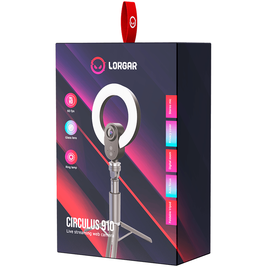 LORGAR Circulus 910, Streaming web camera, 5MP 2592X1944 max resolution, up to 60fps, 1/2.8", Sony STARVIS CMOS image sensor, full glass lens, 5.5'' built-in ring light (1700-14 000K), foldable tripod, auto focus, dual microphones with AI noise reduction, USB Type C, size: 470*133*115mm, 0.525kg, black+white 6