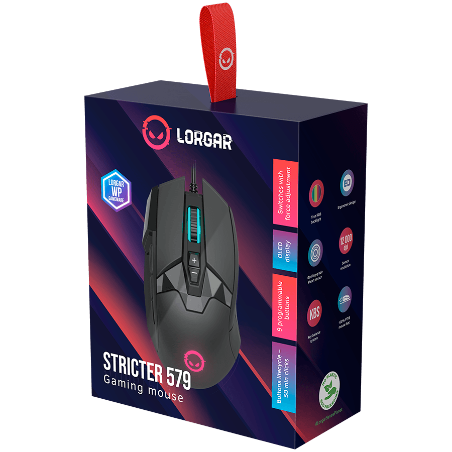 LORGAR Stricter 579, gaming mouse, 9 programmable buttons, Pixart PMW3336 sensor, DPI up to 12 000, 50 million clicks buttons lifespan, 2 switches, built-in display, 1.8m USB soft silicone cable, Matt UV coating with glossy parts and RGB lights with 4 LED flowing modes, size: 131*72*41mm, 0.127kg, black 8