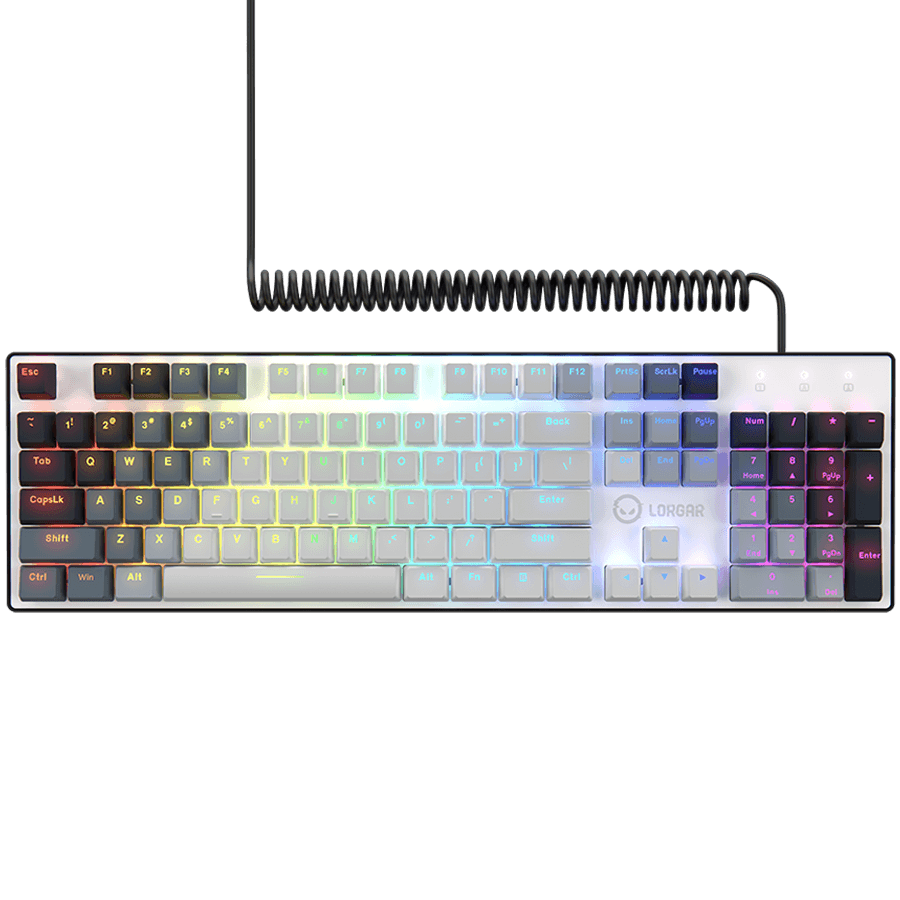 LORGAR Azar 514, Wired mechanical gaming keyboard, RGB backlight, 1680000 colour variations, 18 modes, keys number: 104, 50M clicks, linear dream switches, spring cable up to 3.4m, ABS plastic+metal, magnetic cover, 450*136*39mm, 1.17kg, white, EN layout 2