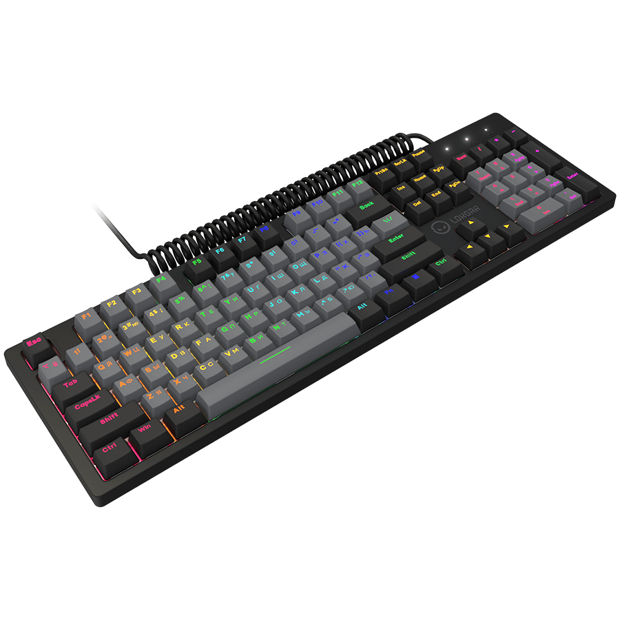 LORGAR Azar 514, Wired mechanical gaming keyboard, RGB backlight, 1680000 colour variations, 18 modes, keys number: 104, 50M clicks, linear dream switches, spring cable up to 3.4m, ABS plastic+metal, magnetic cover, 450*136*39mm, 1.17kg, black, EN+RU layout 3