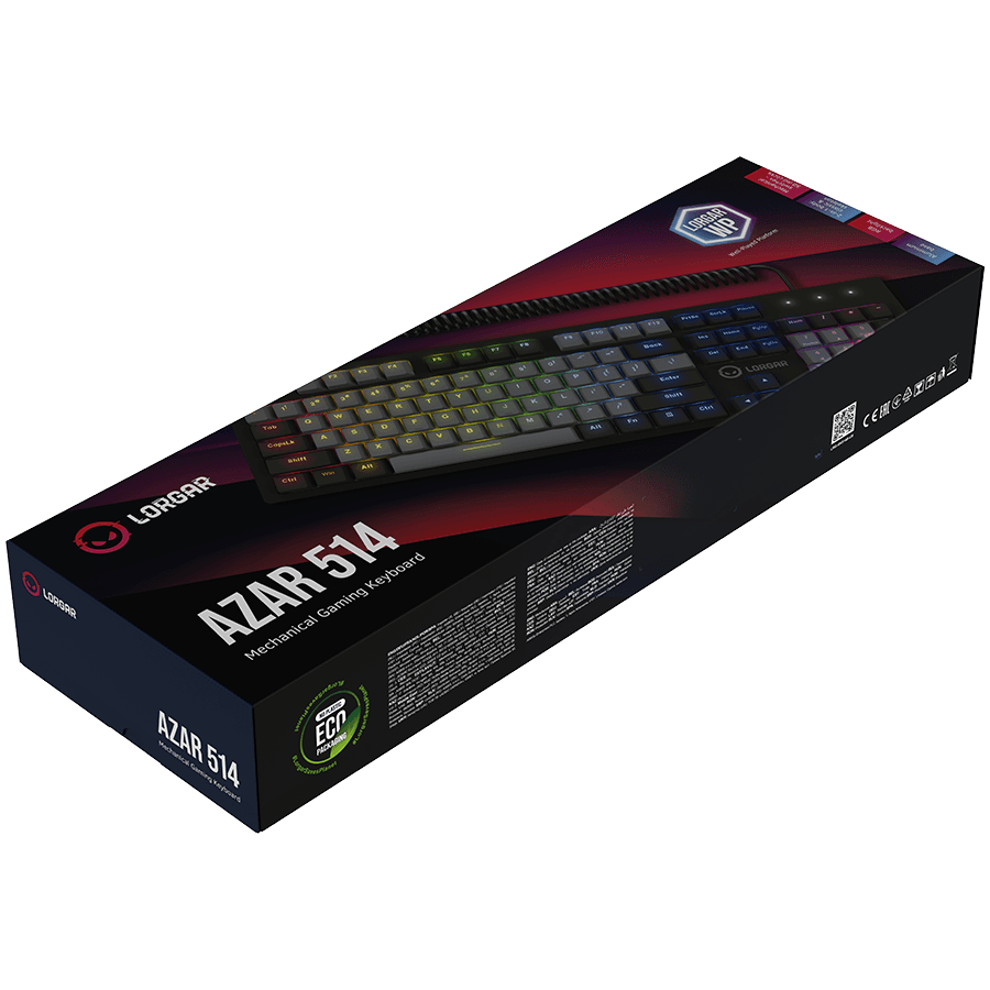 LORGAR Azar 514, Wired mechanical gaming keyboard, RGB backlight, 1680000 colour variations, 18 modes, keys number: 104, 50M clicks, linear dream switches, spring cable up to 3.4m, ABS plastic+metal, magnetic cover, 450*136*39mm, 1.17kg, black, EN+RU layout 7