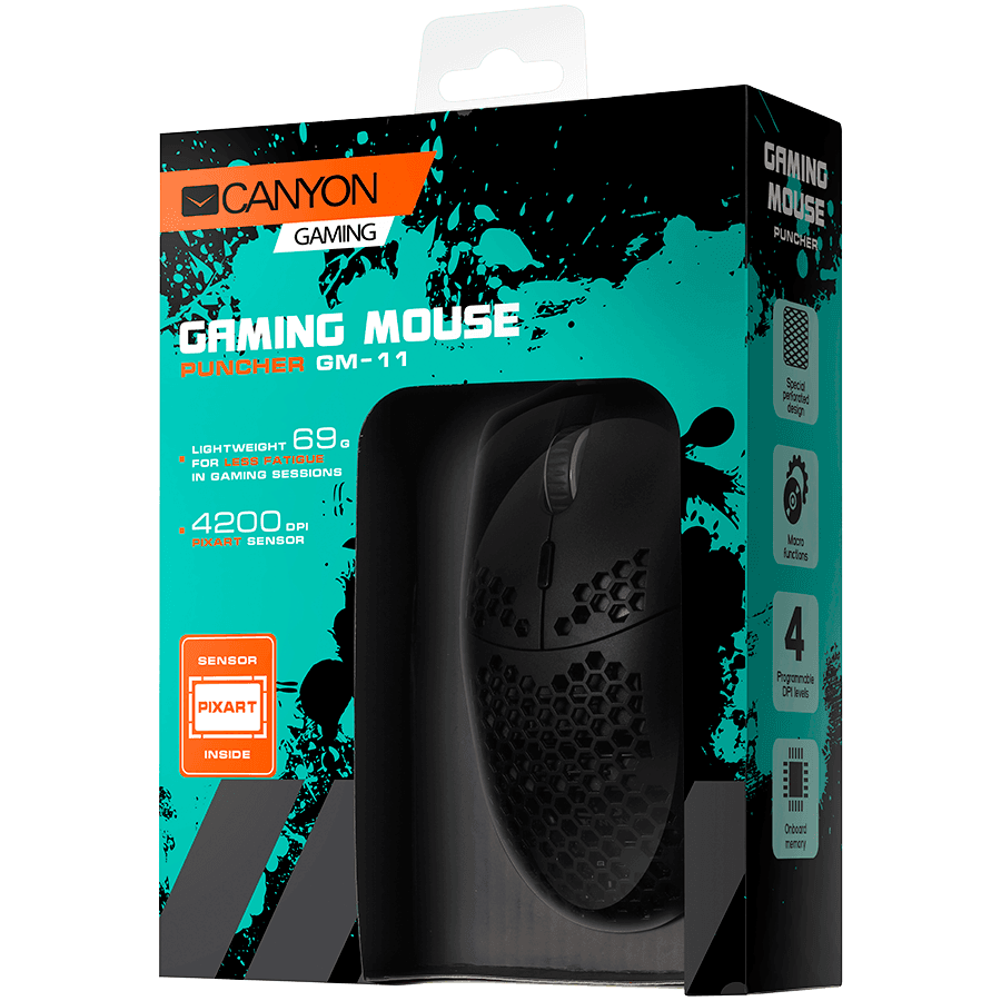 CANYON Puncher GM-11, Gaming Mouse with 7 programmable buttons, Pixart 3519 optical sensor, 4 levels of DPI and up to 4200, 5 million times key life, 1.65m Ultraweave cable, UPE feet and colorful RGB lights, Black, size:128.5x67x37.5mm, 105g 4