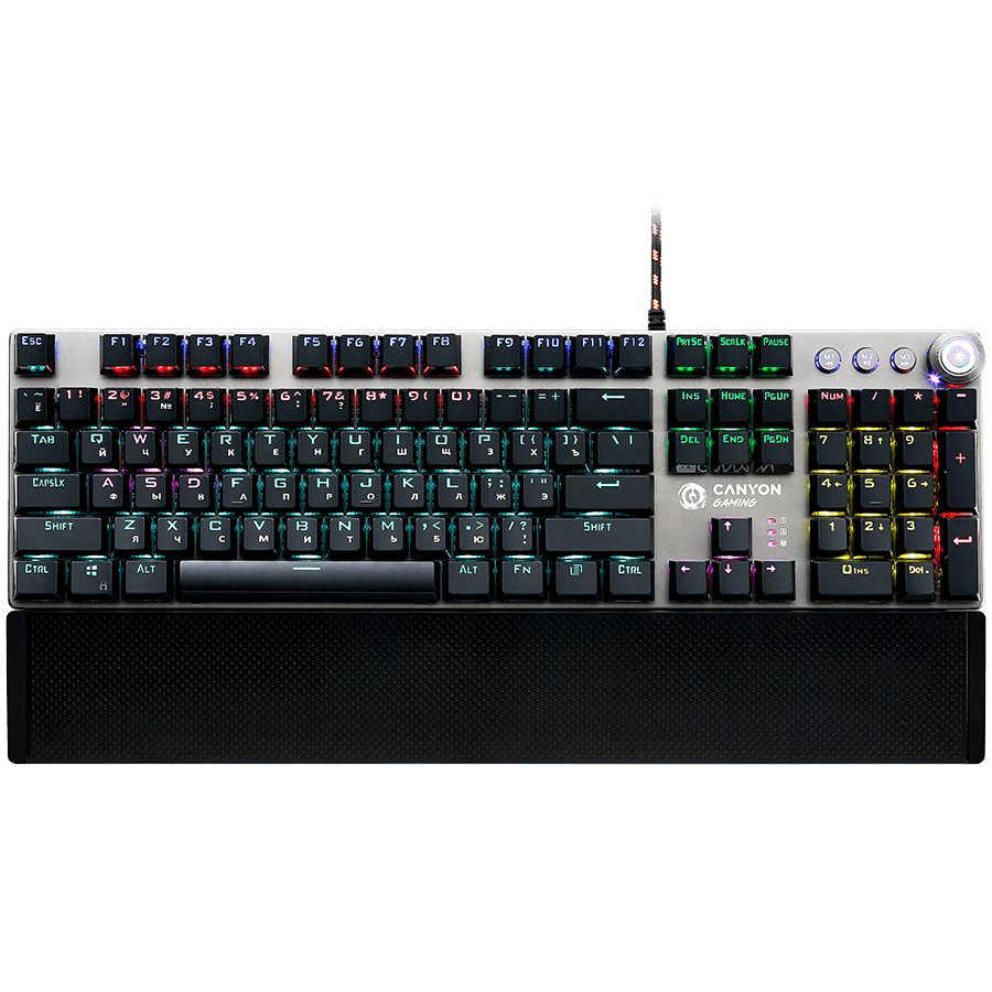 CANYON Nightfall GK-7, Wired Gaming Keyboard, Black 104 mechanical switches, 60 million times key life, 22 types of lights, Removable magnetic wrist rest, 4 Multifunctional control knobs, Trigger actuation 1.5mm, 1.6m Braided cable, RU layout, dark grey, size:435*125*37.47mm, 840g