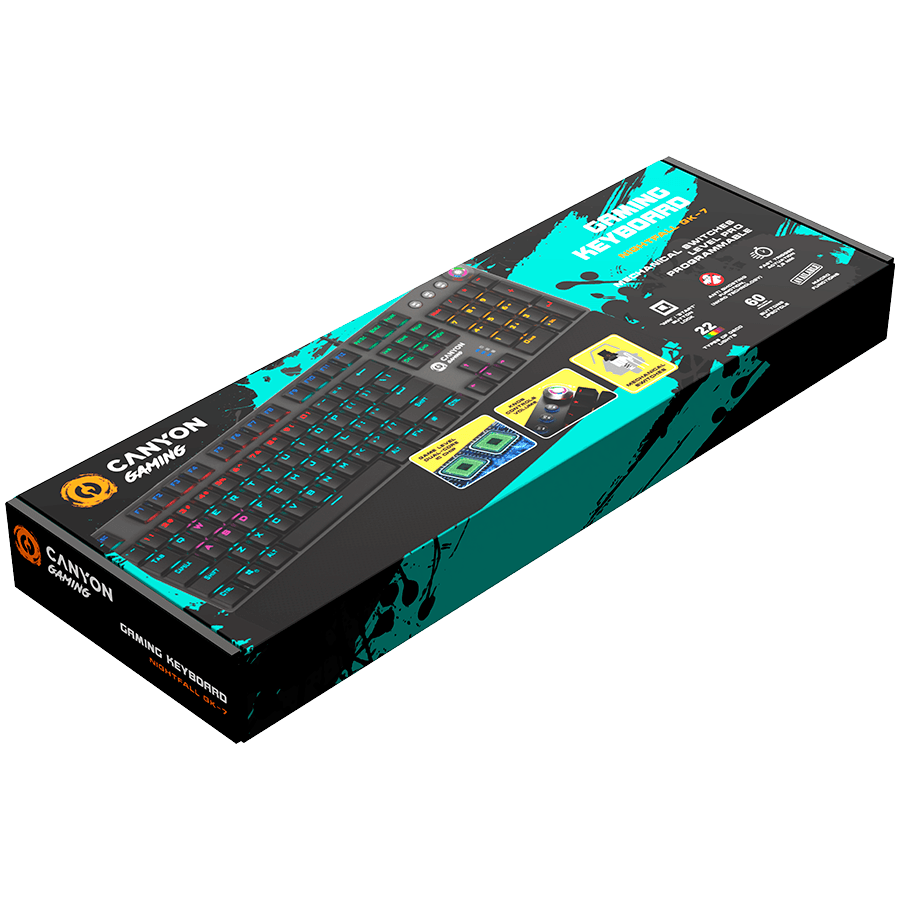 CANYON Nightfall GK-7, Wired Gaming Keyboard, Black 104 mechanical switches, 60 million times key life, 22 types of lights, Removable magnetic wrist rest, 4 Multifunctional control knobs, Trigger actuation 1.5mm, 1.6m Braided cable, RU layout, dark grey, size:435*125*37.47mm, 840g 3