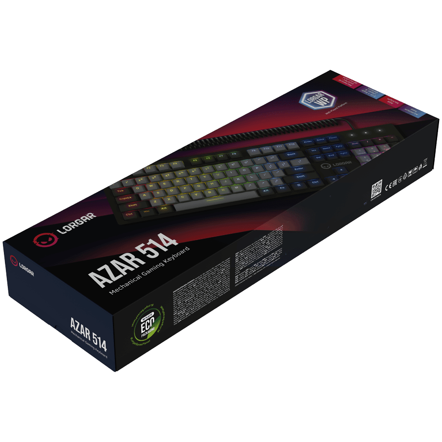 LORGAR Azar 514, Wired mechanical gaming keyboard, RGB backlight, 1680000 colour variations, 18 modes, keys number: 104, 50M clicks, linear dream switches, spring cable up to 3.4m, ABS plastic+metal, magnetic cover, 450*136*39mm, 1.17kg, black, EN layout 8