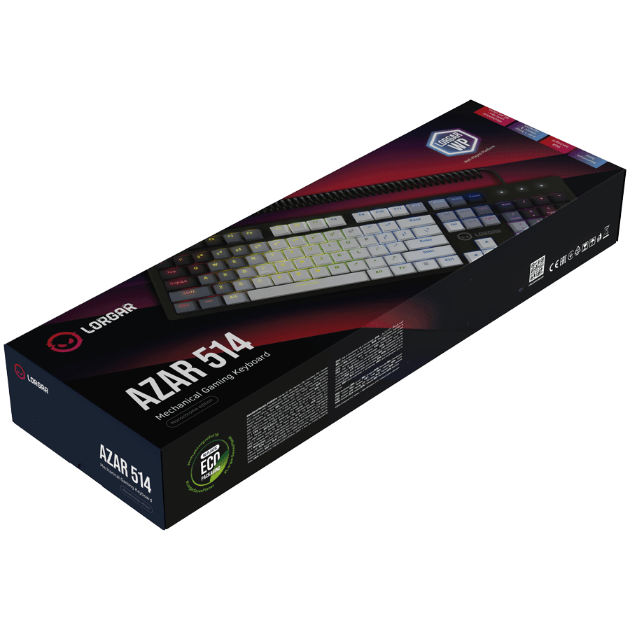 LORGAR Azar 514, Wired mechanical gaming keyboard, RGB backlight, 1680000 colour variations, 18 modes, keys number: 104, 50M clicks, linear dream switches, spring cable up to 3.4m, ABS plastic+metal, magnetic cover, 450*136*39mm, 1.17kg, white, EN layout 8