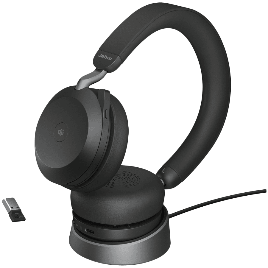 JABRA EVOLVE2 75, Link380a MS Stereo Stand Black, EVOLVE2 75 headset Black MS, Link 380 BT adapter USB-A MS, EVOLVE2 75 Deskstand USB-A, 1.2m USB-C to USB-A cable, carry pouch, warranty and warning (safety leaflets) 4