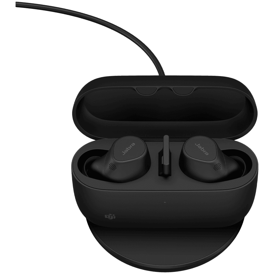 JABRA EVOLVE2 Buds MS, Cradle USB-A MS, Link 380 BT adapter USB-A MS, 30 cm USB-C to USB-A cable, Ear gels, wireless charging pad, warranty 3