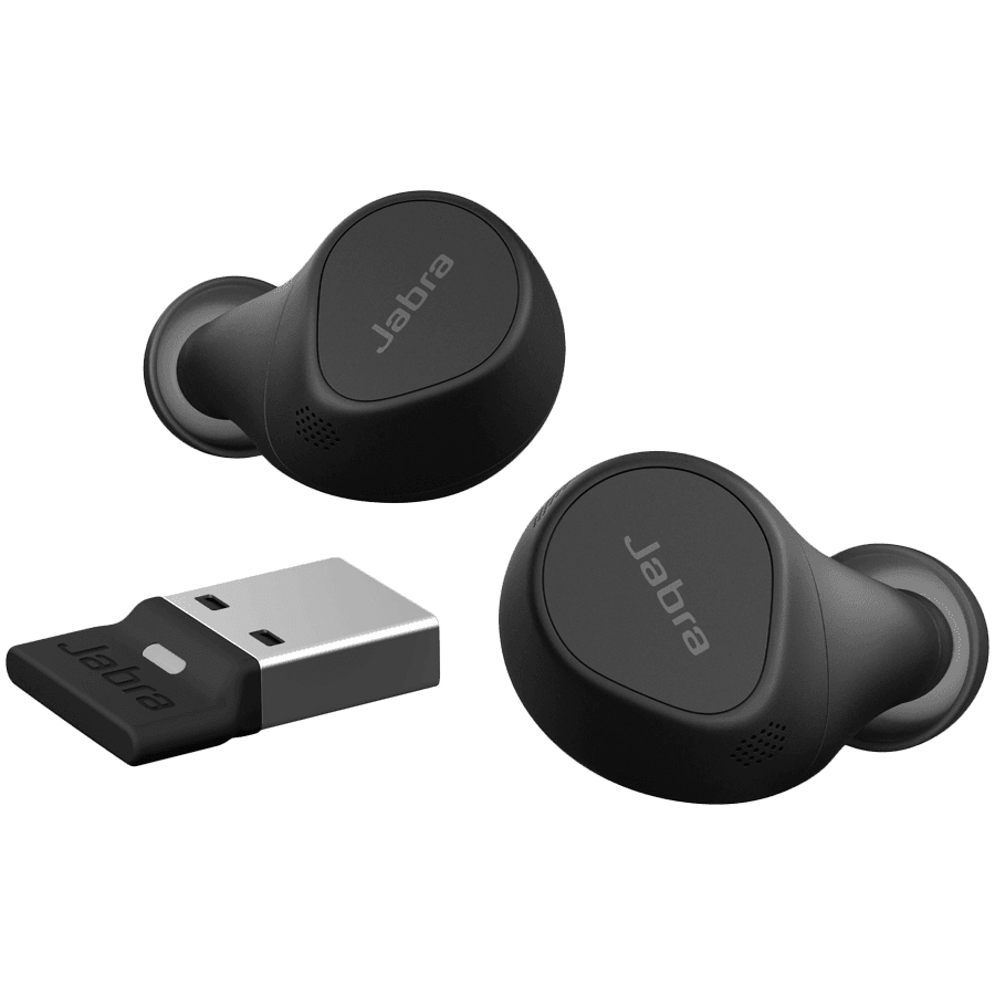 JABRA EVOLVE2 Buds MS, Cradle USB-A MS, Link 380 BT adapter USB-A MS, 30 cm USB-C to USB-A cable, Ear gels, wireless charging pad, warranty 4