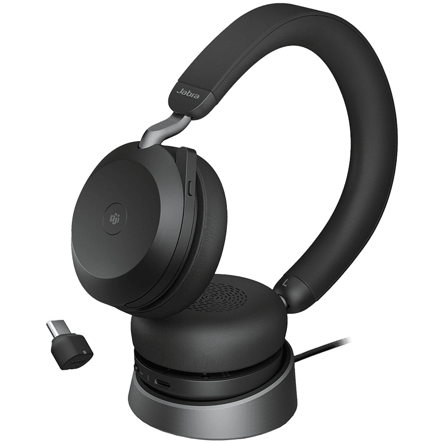 JABRA EVOLVE2 75, Link380c MS Stereo Stand Black, EVOLVE2 75 headset Black MS, Link 380 BT adapter USB-C MS, EVOLVE2 75 Deskstand USB-A, 1.2m USB-C to USB-C cable, carry pouch, warranty and warning (safety leaflets)