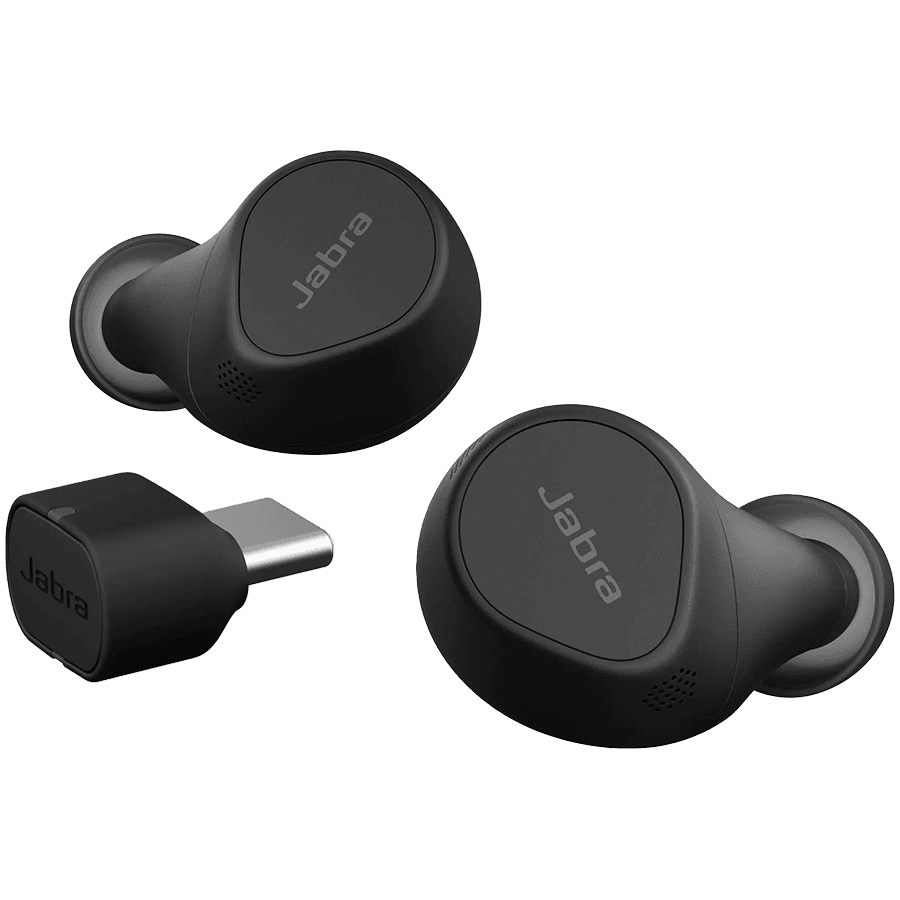 JABRA EVOLVE2 Buds UC, Cradle USB-C UC, Link 380 BT adapter USB-C UC, 30 cm USB-C to USB-A cable, Ear gels, USB-A to USB-C adapter, warranty 2