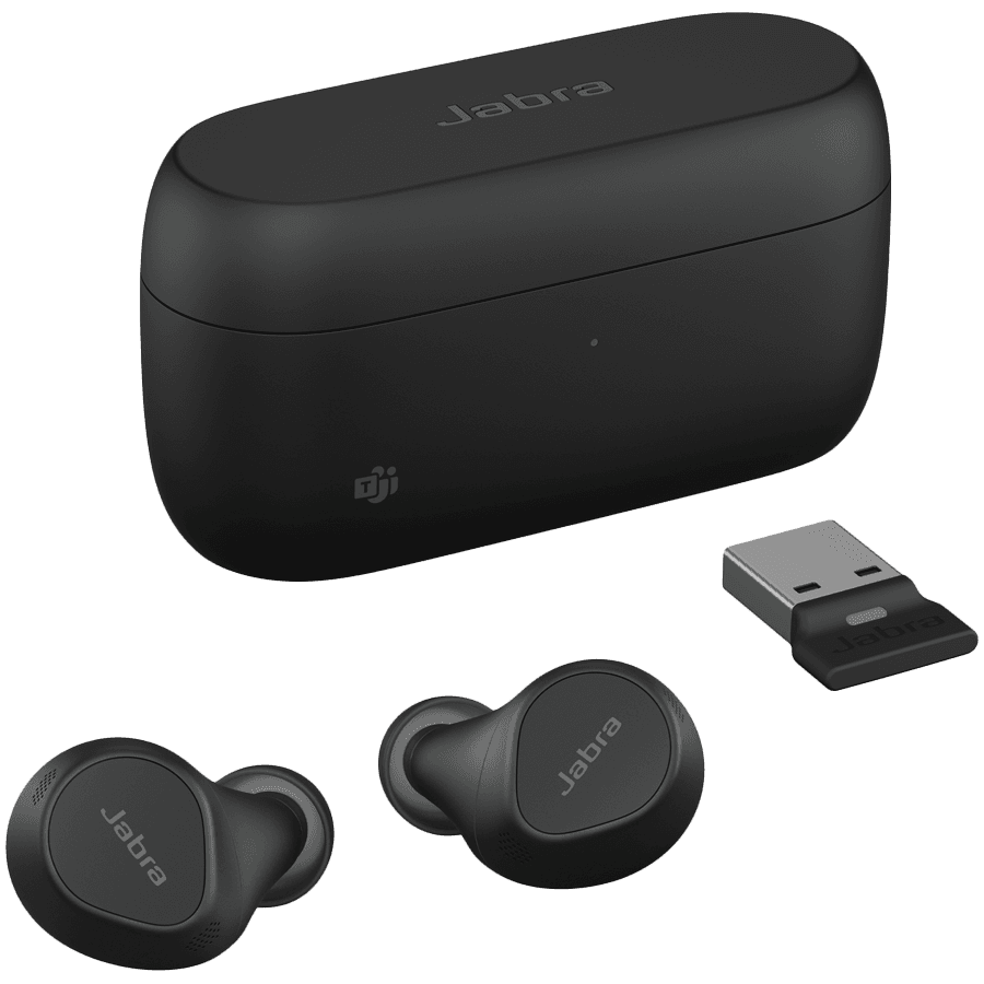 JABRA EVOLVE2 Buds MS, Cradle USB-A MS, Link 380 BT adapter USB-A MS, 30 cm USB-C to USB-A cable, Ear gels, warranty