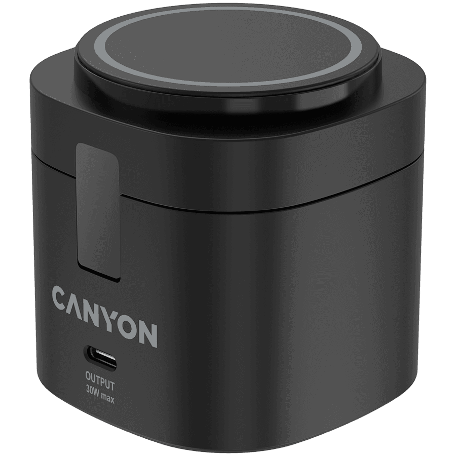 Canyon 4 in 1 Wireless Charging Stand, 30W max, Size: 70x70x70.3mm, weight: 414g, with 65W charger and 1M cable, black