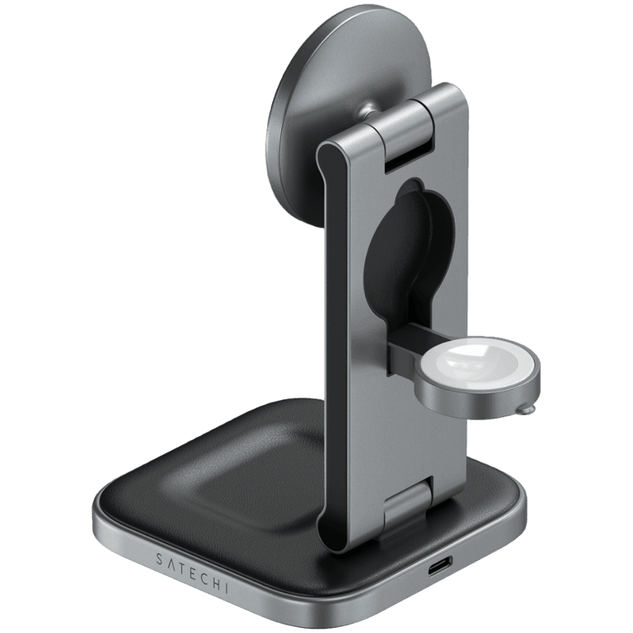 SATECHI 3-in-1 Foldable Qi2 Wireless Charging Stand (Space Gray) with Type A, C, G plugs