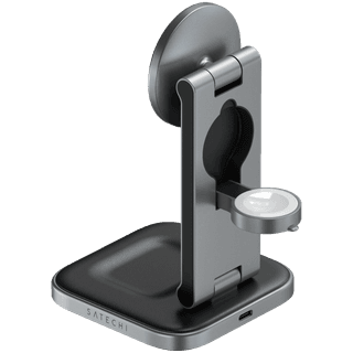 SATECHI 3-in-1 Foldable Qi2 Wireless Charging Stand (Space Gray) with Type A, C, G plugs