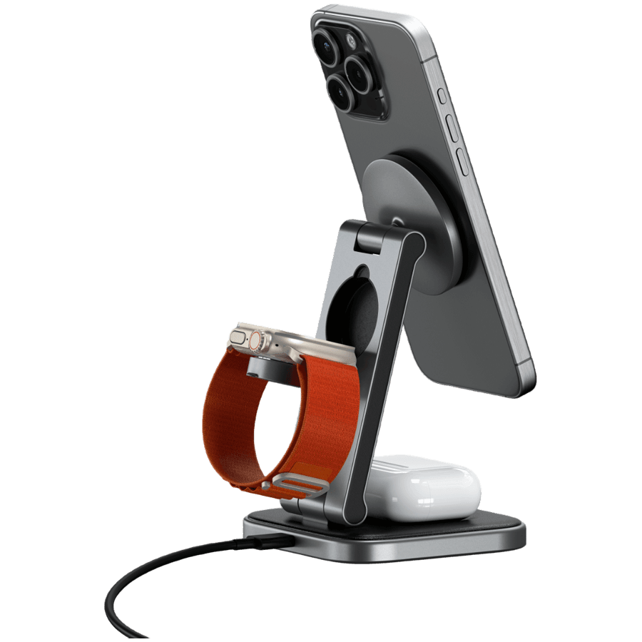 SATECHI 3-in-1 Foldable Qi2 Wireless Charging Stand (Space Gray) with Type A, C, G plugs 5