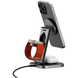 SATECHI 3-in-1 Foldable Qi2 Wireless Charging Stand (Space Gray) with Type A, C, G plugs