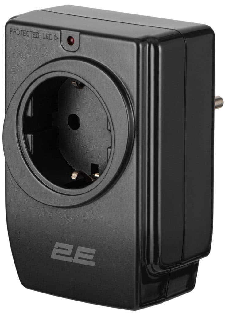 2E Power adapter with surge protection, 1xTypeF, 16A, 2xUSB-A, black