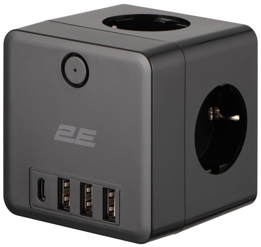2E Power adapter with surge protection, 3xTypeF, 16A, 2xUSB-A, 1x USB-C, black