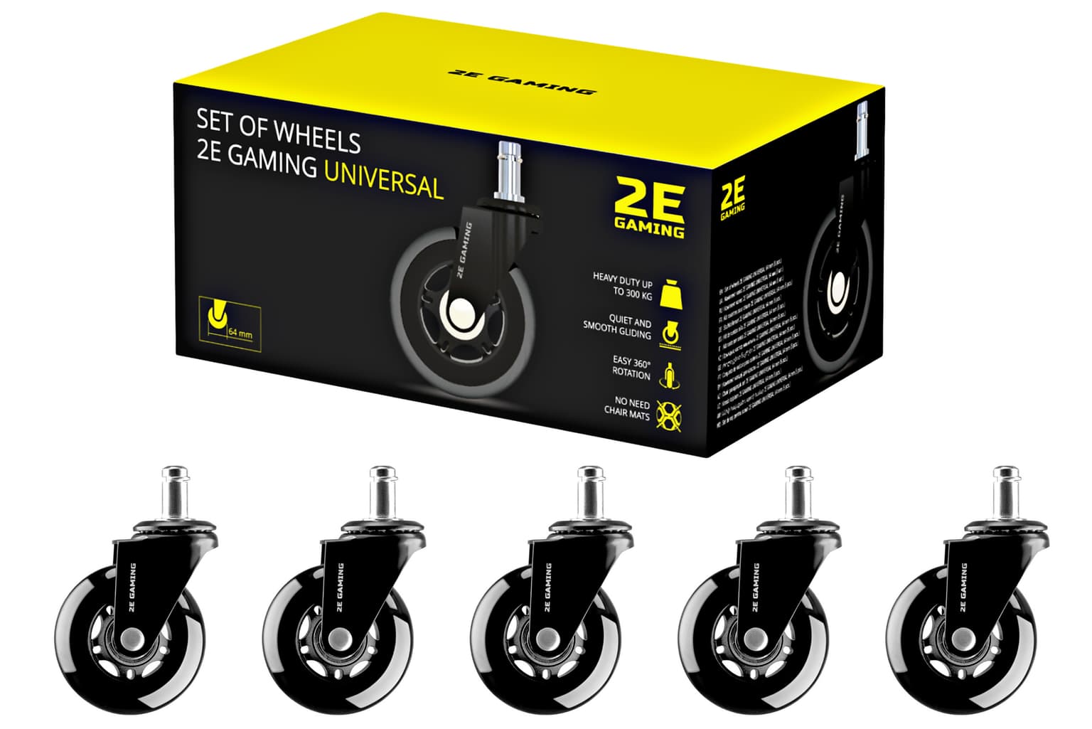 2E GAMING GWH-003 Chair wheels Universal, 64mm, set of 5 pcs., black