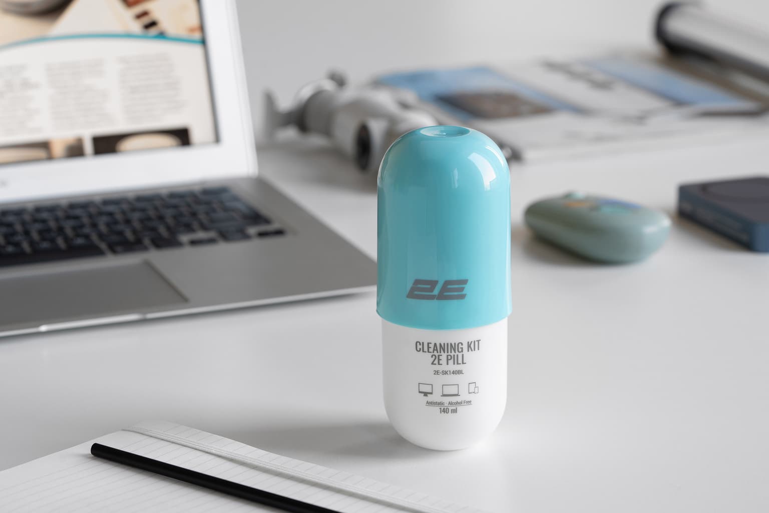 2E Cleaning kit PILL for office equipment (liquid 140ml, whipe 20cm), white-blue - 2