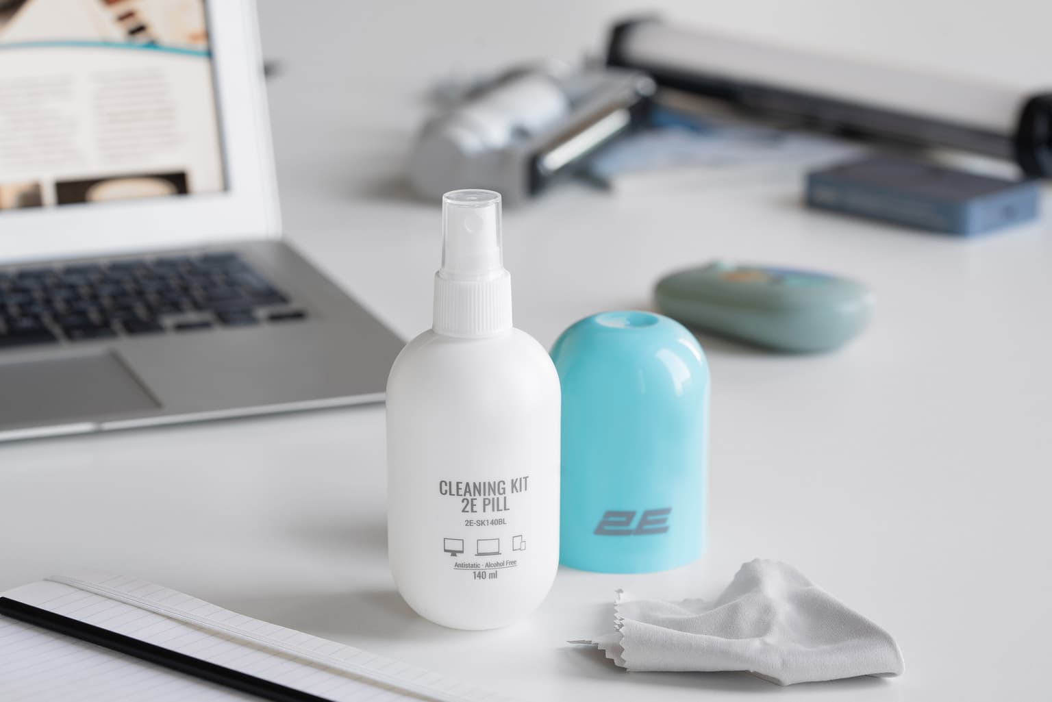2E Cleaning kit PILL for office equipment (liquid 140ml, whipe 20cm), white-blue - 4