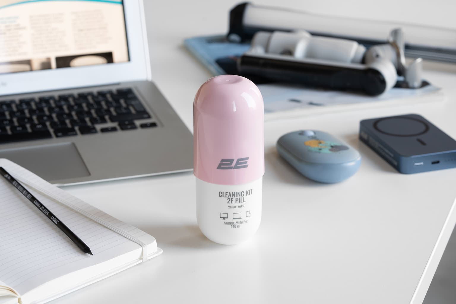 2E Cleaning kit PILL for office equipment (liquid 140ml, whipe 20cm), white-pink - 2