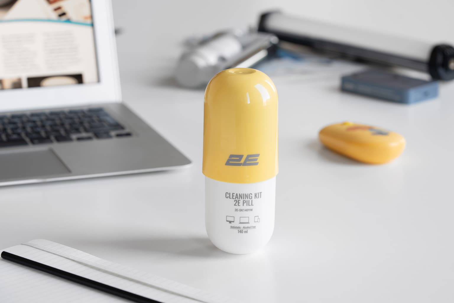 2E Cleaning kit PILL for office equipment (liquid 140ml, whipe 20cm), white-yellow - 2