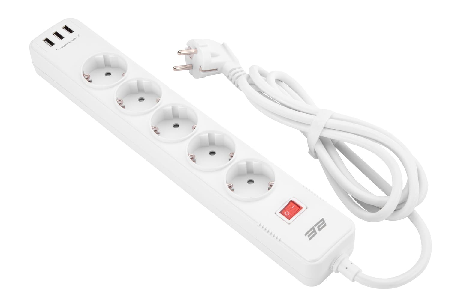 2E Power strip with surge protection, 2m, 5xTypeF, 16A, 3xUSB-A, white