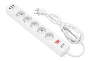 2E Power strip with surge protection, 2m, 5xTypeF, 16A, 3xUSB-A, white