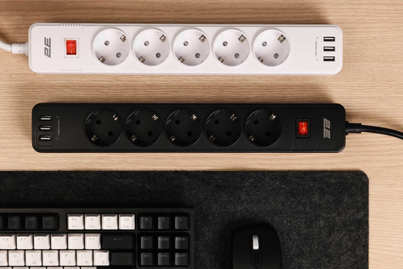 2E Power strip with surge protection, 2m, 5xTypeF, 16A, 3xUSB-A, white - 2