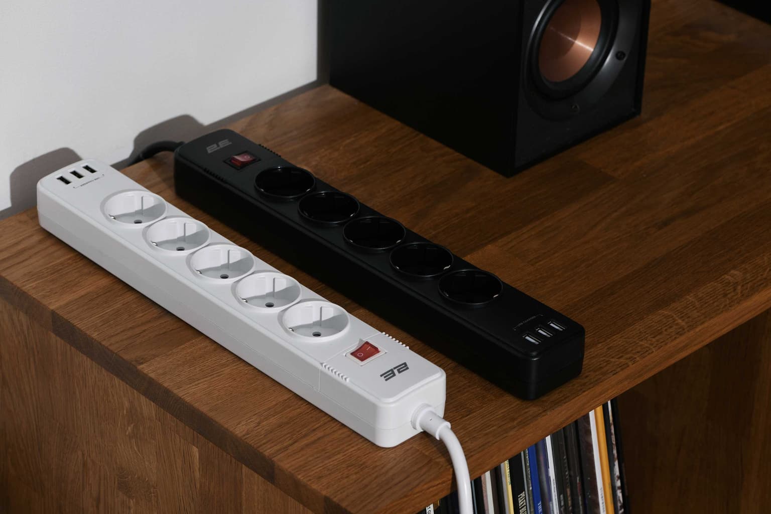 2E Power strip with surge protection, 2m, 5xTypeF, 16A, 3xUSB-A, white - 5