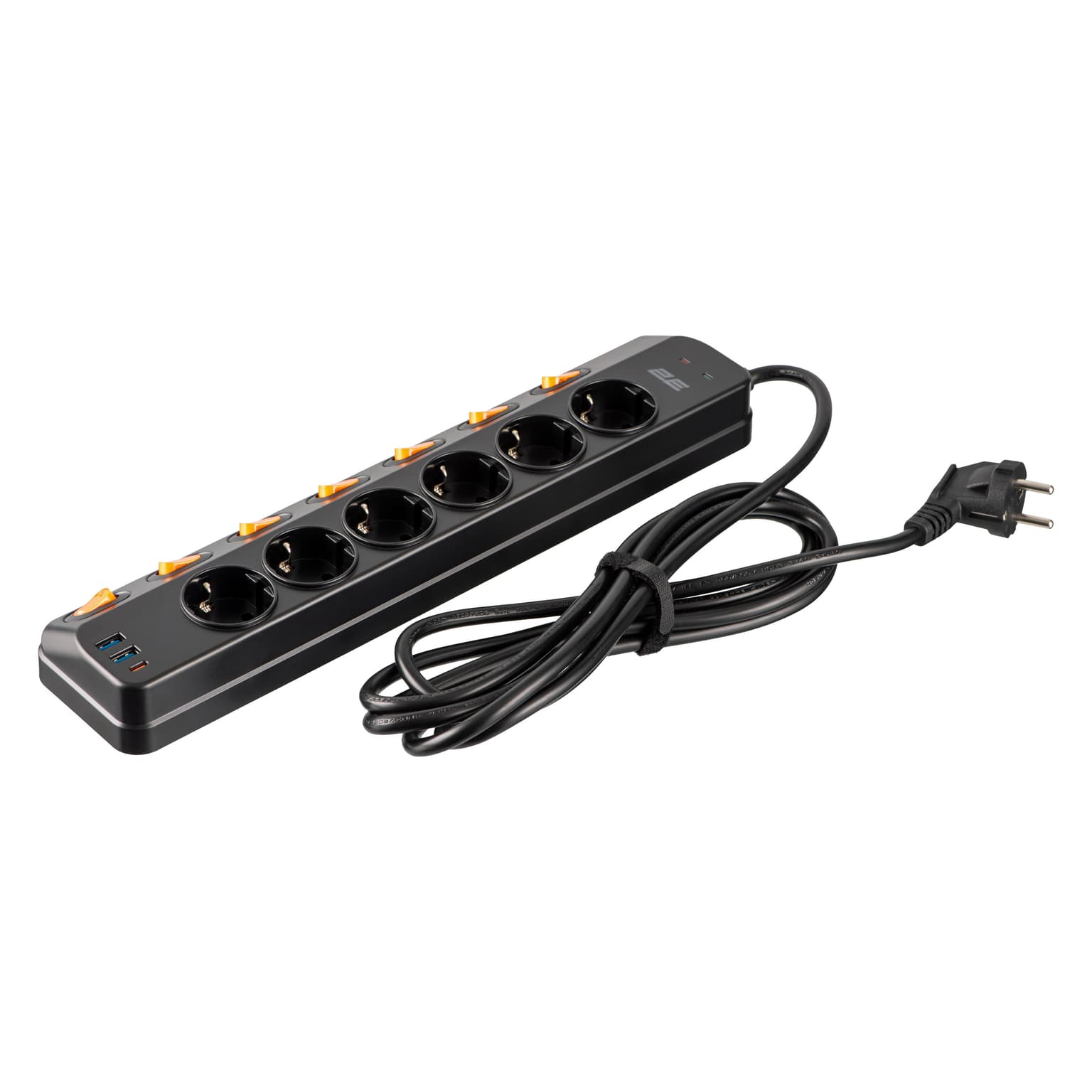 2E Power strip with surge protection, 3m, 6xTypeF, 16A, 2xUSB-A, 1xUSB-C, black