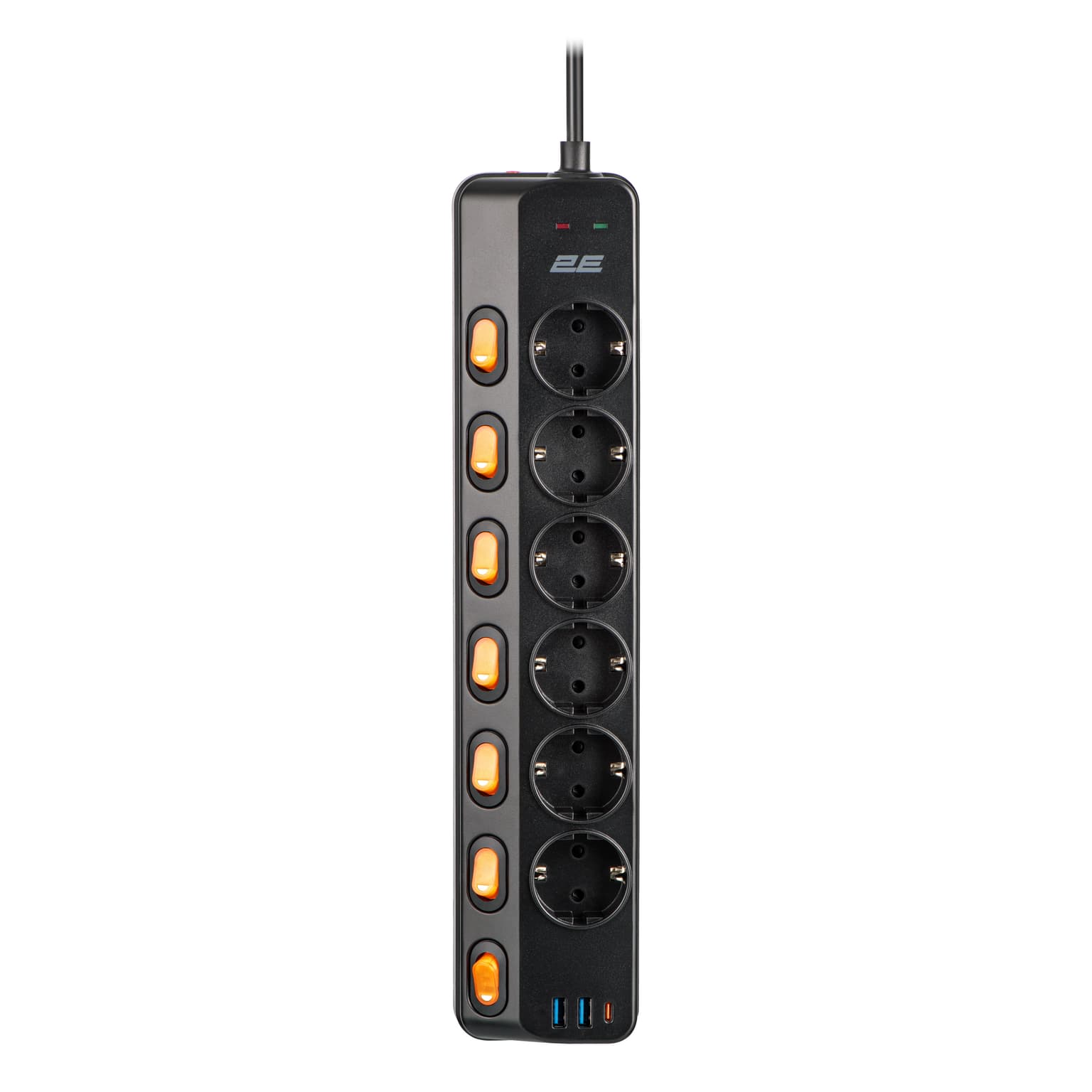 2E Power strip with surge protection, 3m, 6xTypeF, 16A, 2xUSB-A, 1xUSB-C, black - 2