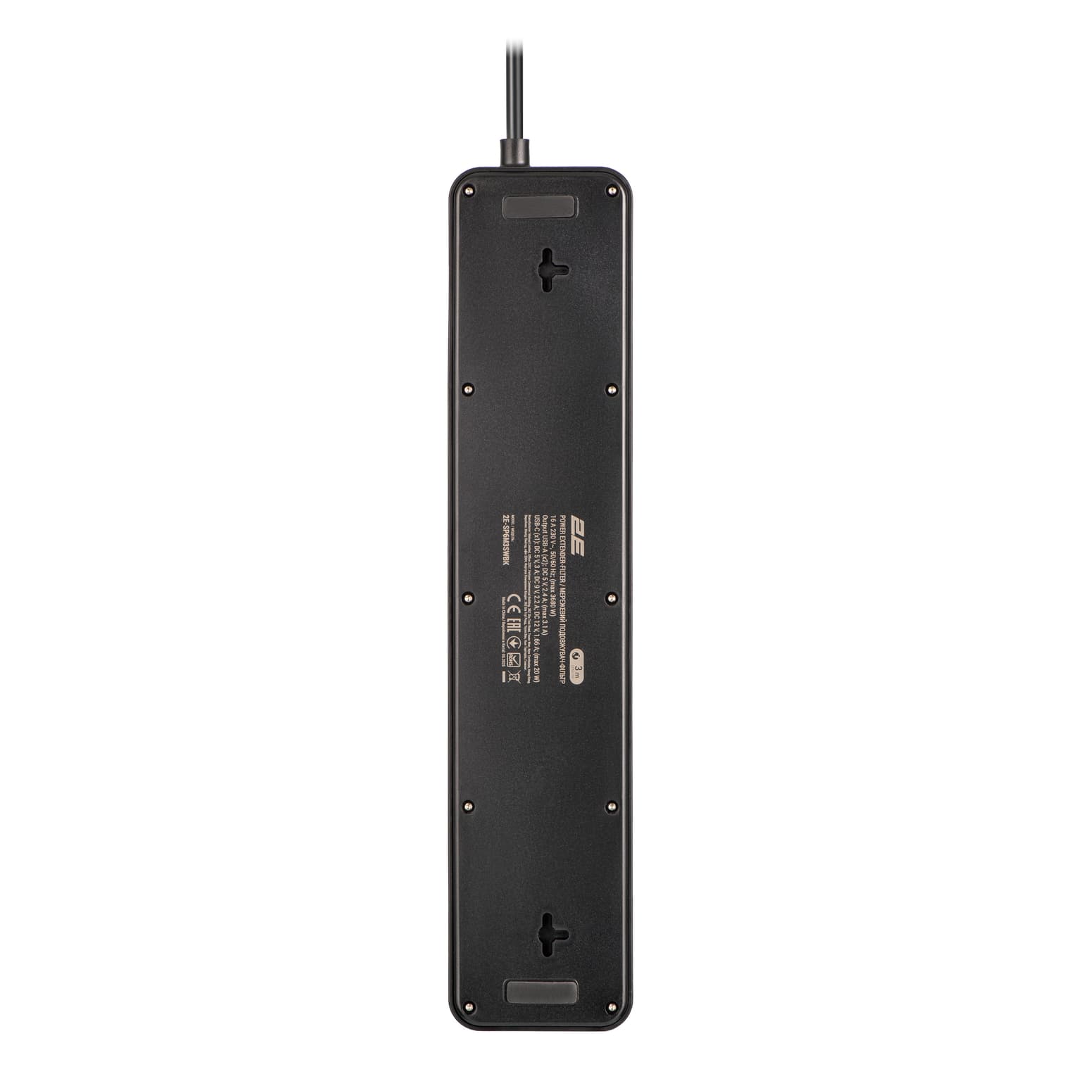 2E Power strip with surge protection, 3m, 6xTypeF, 16A, 2xUSB-A, 1xUSB-C, black - 3