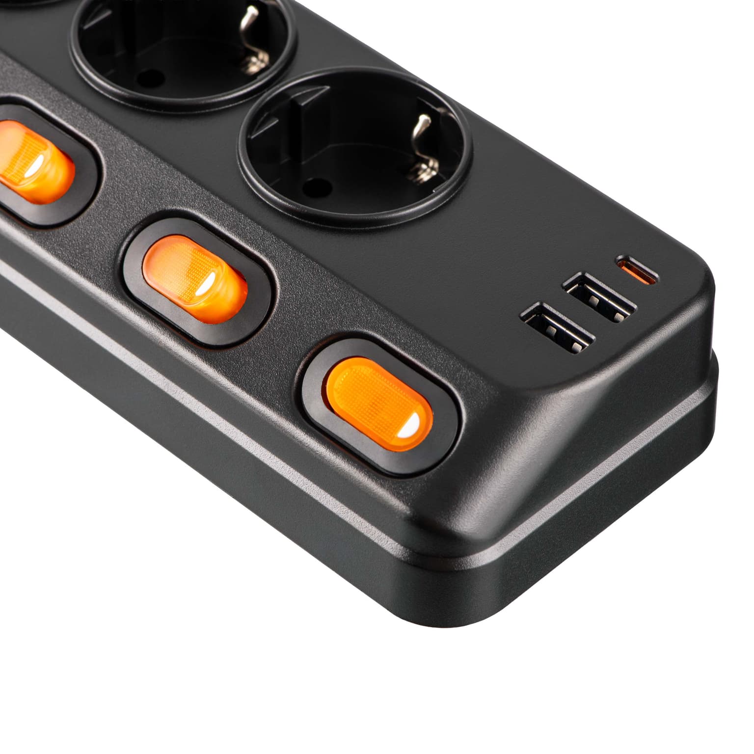 2E Power strip with surge protection, 3m, 6xTypeF, 16A, 2xUSB-A, 1xUSB-C, black - 6