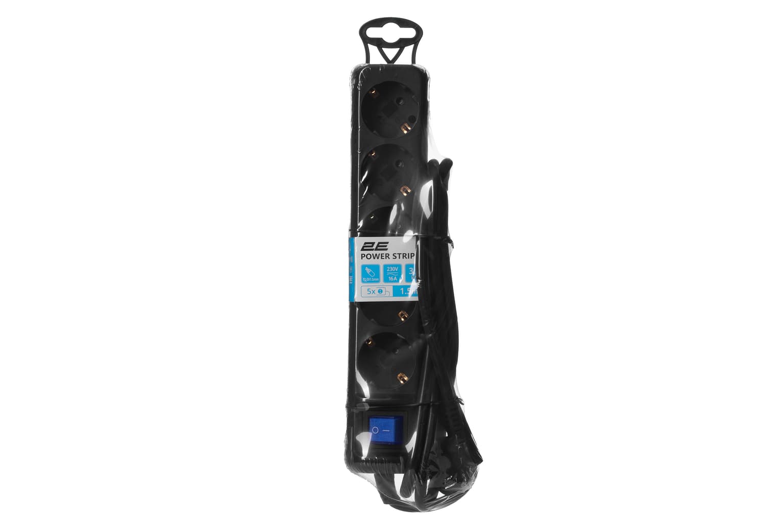 2E Power strip 1.5m, 5xTypeF, 16A, black - 2