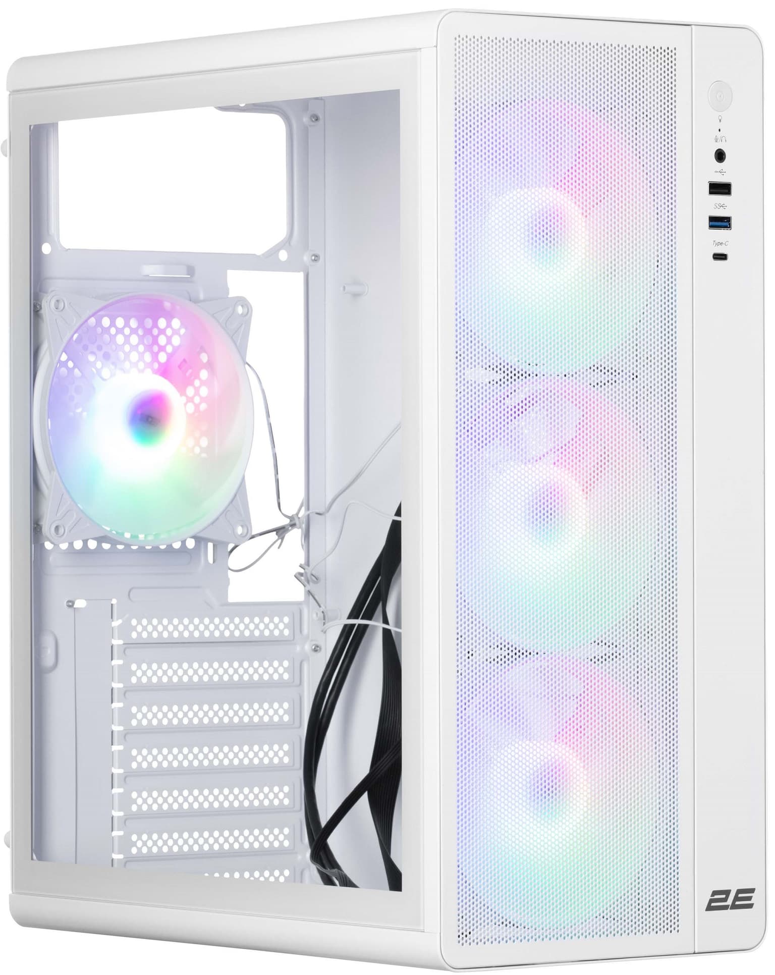 2E-V510W, PC case 2E GAMING Credo Plus V510W without PSU, 1xUSB3.0, 1х USB 2.0, 1xUSB Type-C, 4x120mm RGB Rainbow, VGA 310mm, TG Side Panel, ATX, white