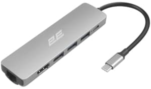 2E Hub USB-С > 2хUSB-A 2.0/USB-A 3.0/USB-C PD/HDMI/Ethernet, 0.15m, silver