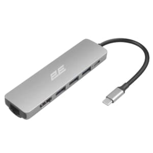 2E Hub USB-С > 2хUSB-A 2.0/USB-A 3.0/USB-C PD/HDMI/Ethernet, 0.15m, silver