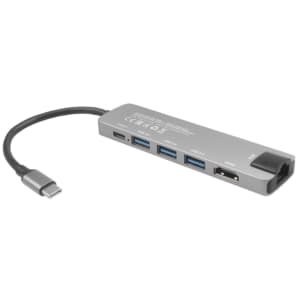 2E Hub USB-С > 2хUSB-A 2.0/USB-A 3.0/USB-C PD/HDMI/Ethernet, 0.15m, silver